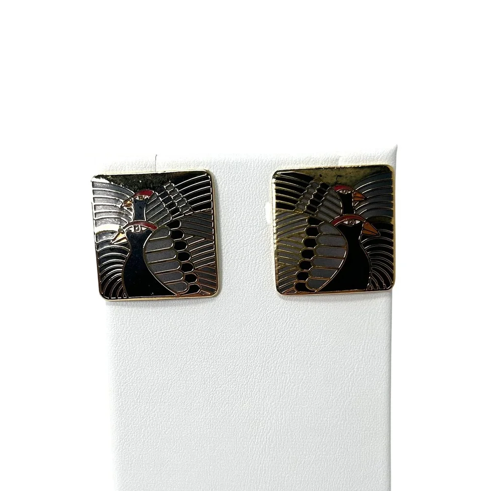 VTG Laurel Burch Moondoves Square‎ Enamel Bird Earrings Gold Tone Studs